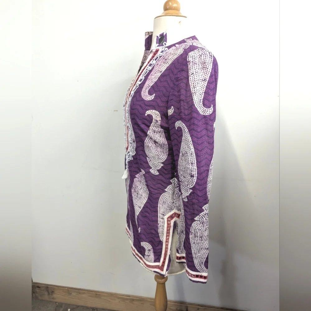 Tory Burch Cotton Purple Paisley Tunic Top Beaded Mirror And Embroidery 0 Loose